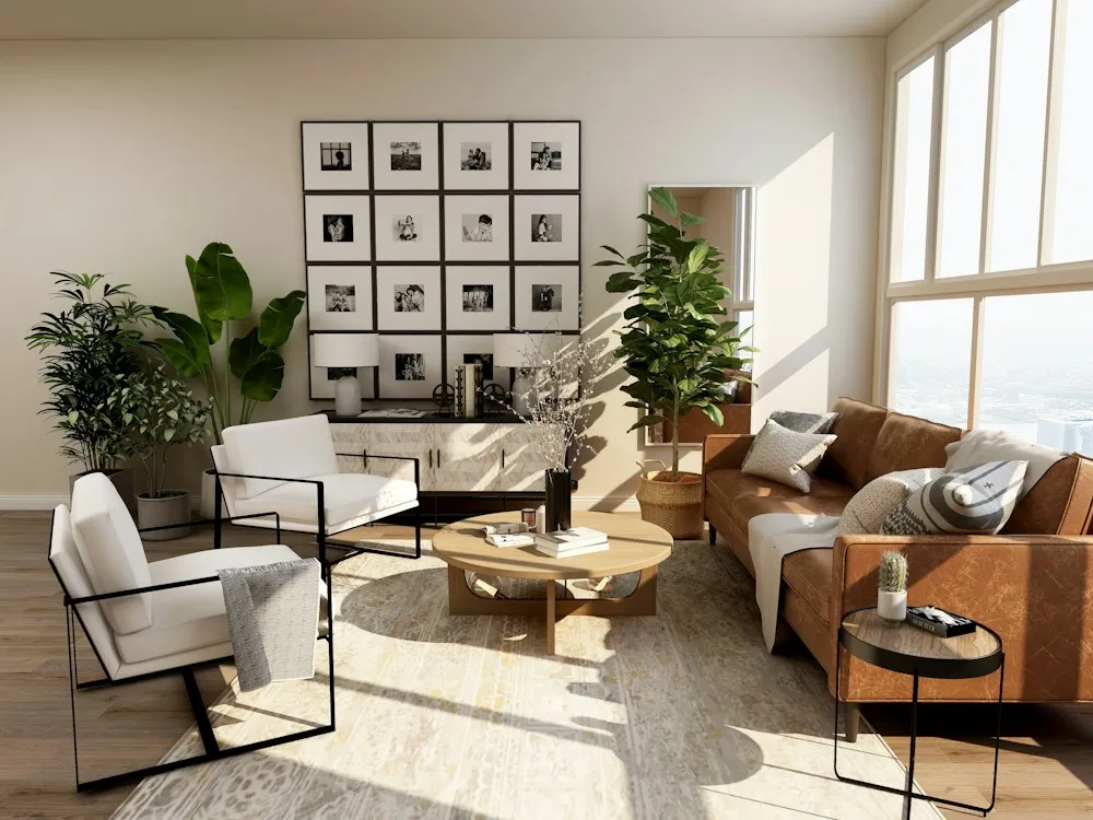 Sala de estar luminosa con asientos y tonos naturales